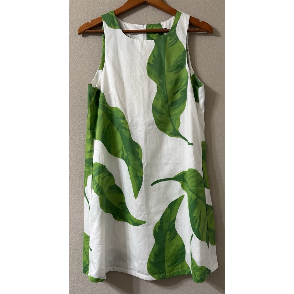 Katie Kime Women's 12 Shift Dress Banana Leaf White Green Sleeveless Resort Wear